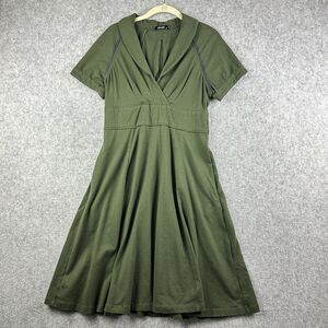 Eshakti Fit Flare Dress Womens Small 6 Olive Green Pockets Cotton Stretch Zip